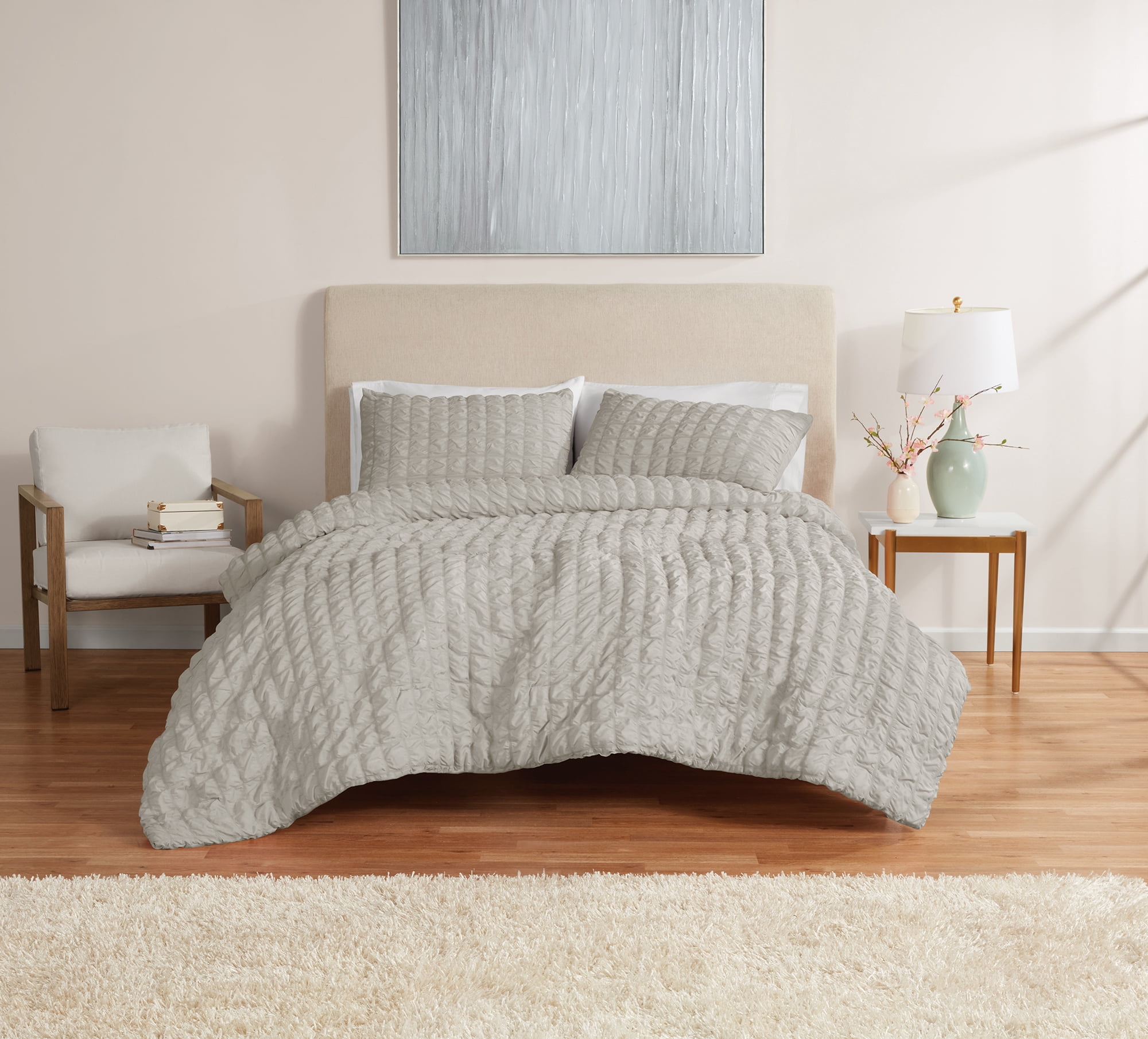 Mainstays King Comforter Set, All-Season, 3-Piece, Grey Puffy Seersucker
