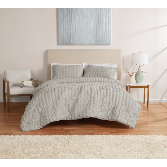 Mainstays King Comforter Set, All-Season, 3-Piece, Grey Puffy Seersucker