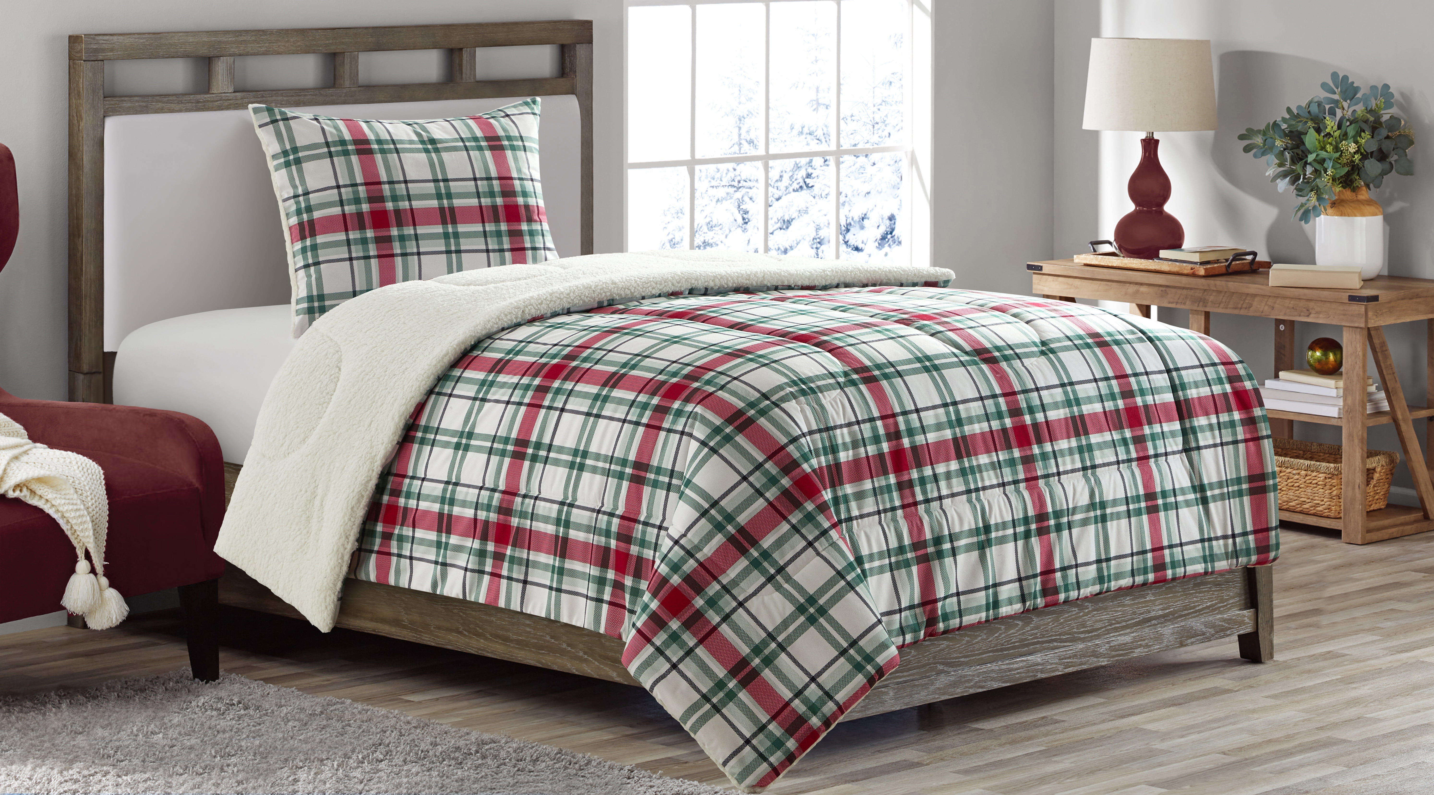 Mainstays 3 Piece Red Green Plaid Comforter Bedding Set, Twin