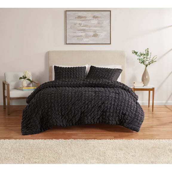Mainstays Full/Queen Comforter Set, All-Season, 3-Piece, Black Puffy Seersucker