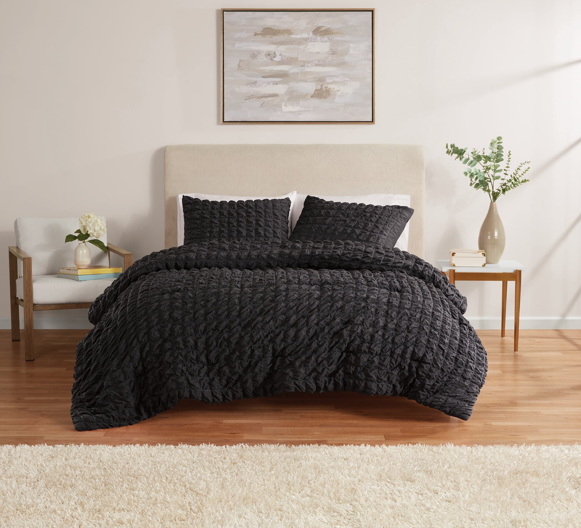 Mainstays King 3-Piece All-Season Comforter Set, Black Puffy Seersucker
