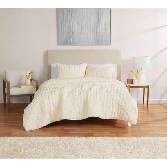 Mainstays Full/Queen Comforter Set, All-Season, 3-Piece, Cream Puffy Seersucker