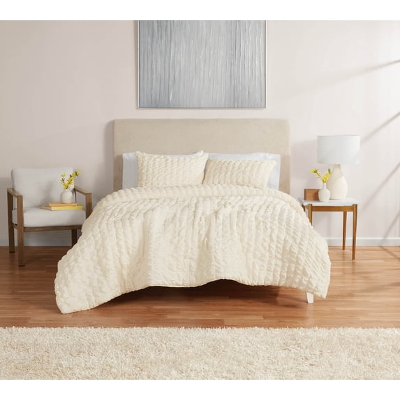 Mainstays King Comforter Set, All-Season, 3-Piece, Cream Puffy Seersucker