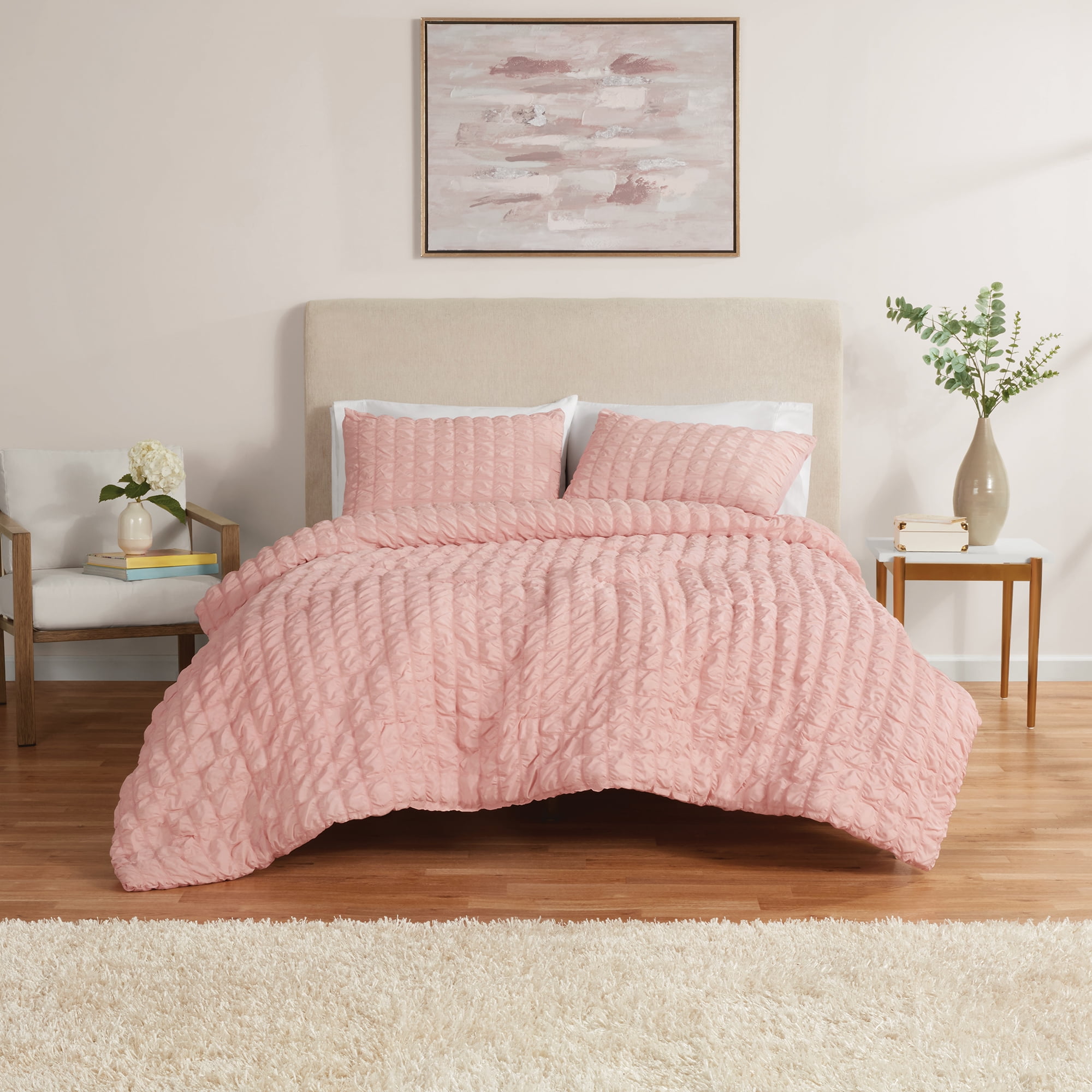 Mainstays 3-Piece Seersucker Comforter Set, Pink Blush, King, All Ages, Females