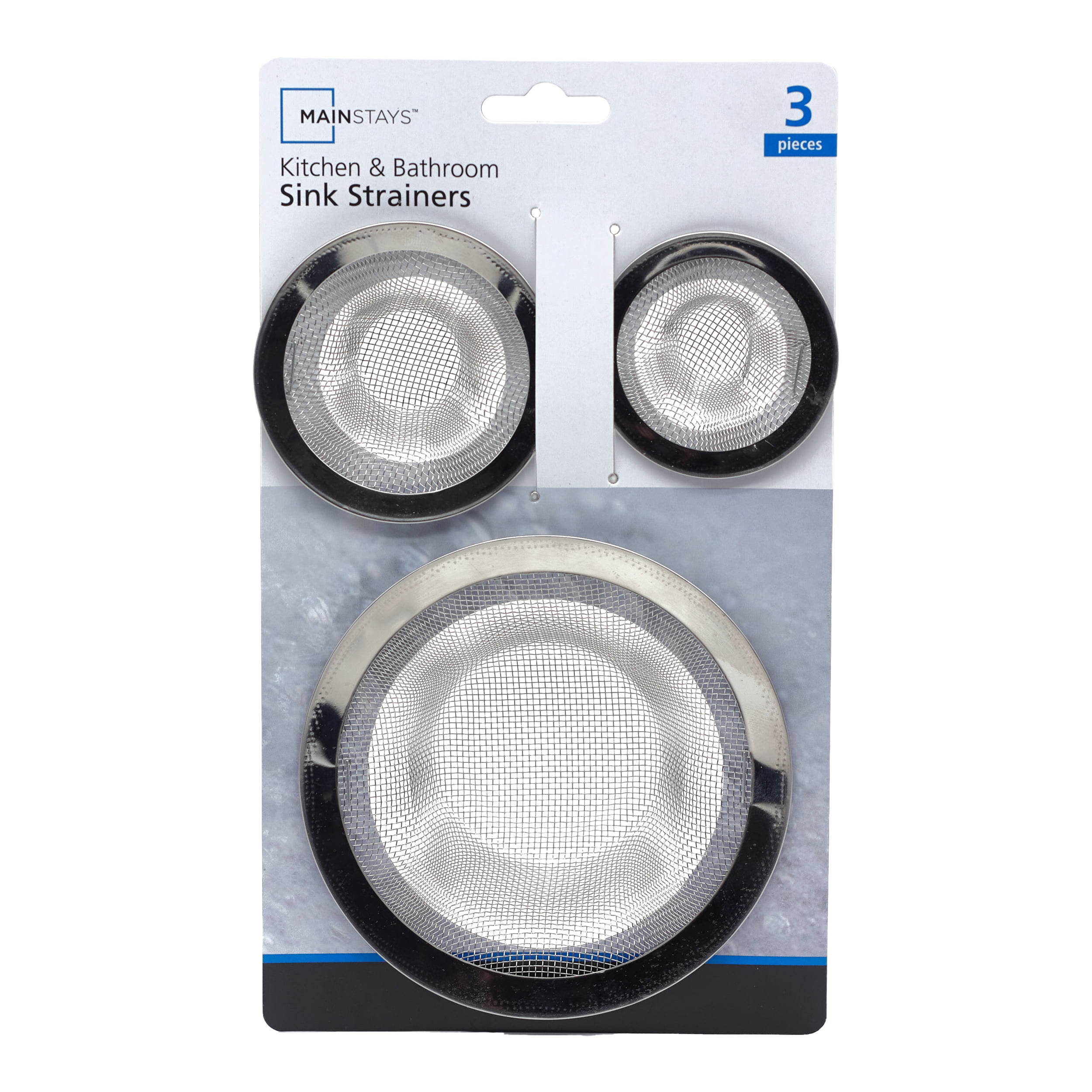 Mainstays 3-Piece Stainless Steel Mesh Assorted Kitchen and Bathroom Sink Strainers Set, Silver