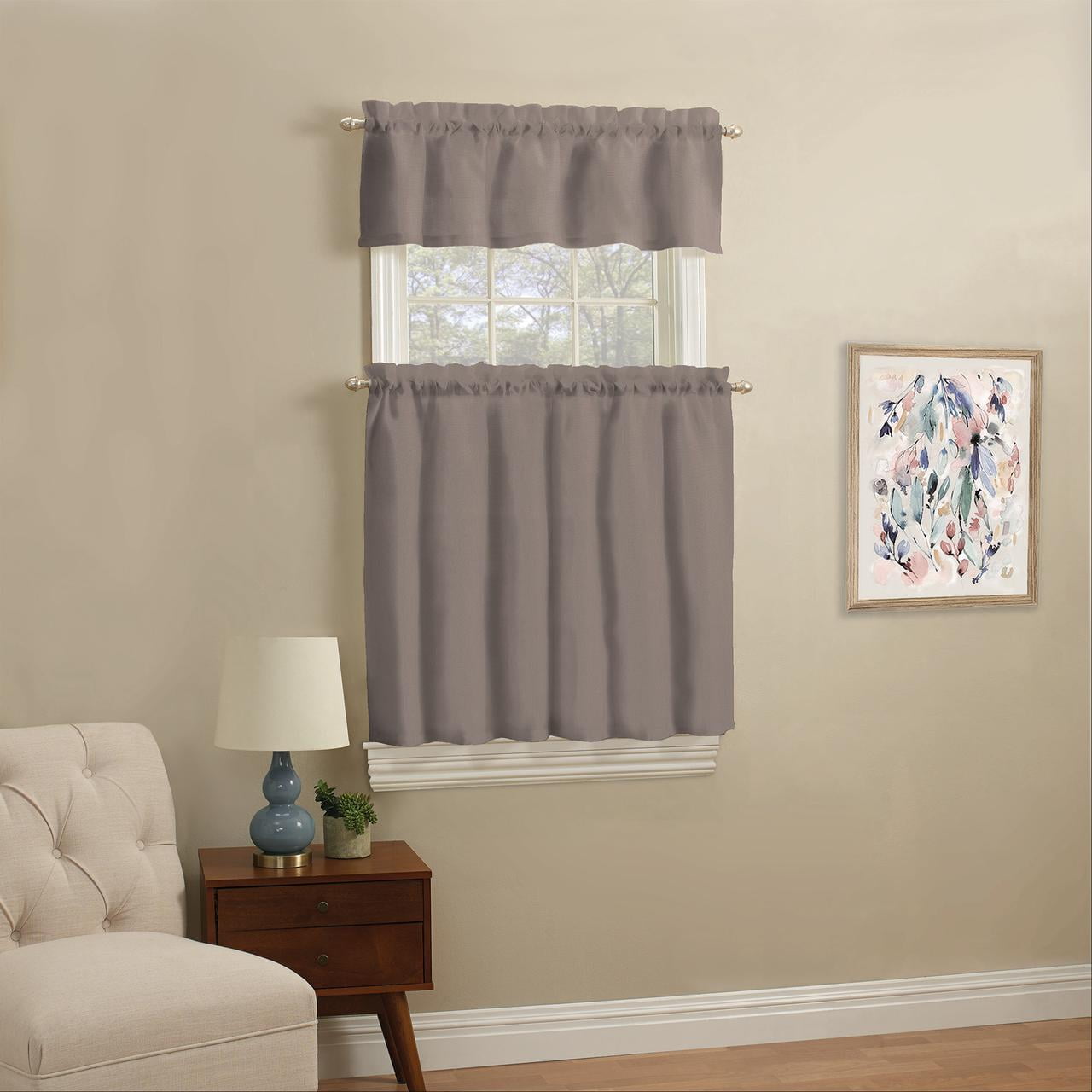 Mainstays 3 Piece Taupe Light Filtering Rod Pocket Tier and Valance Kitchen  Curtain Set, 56\