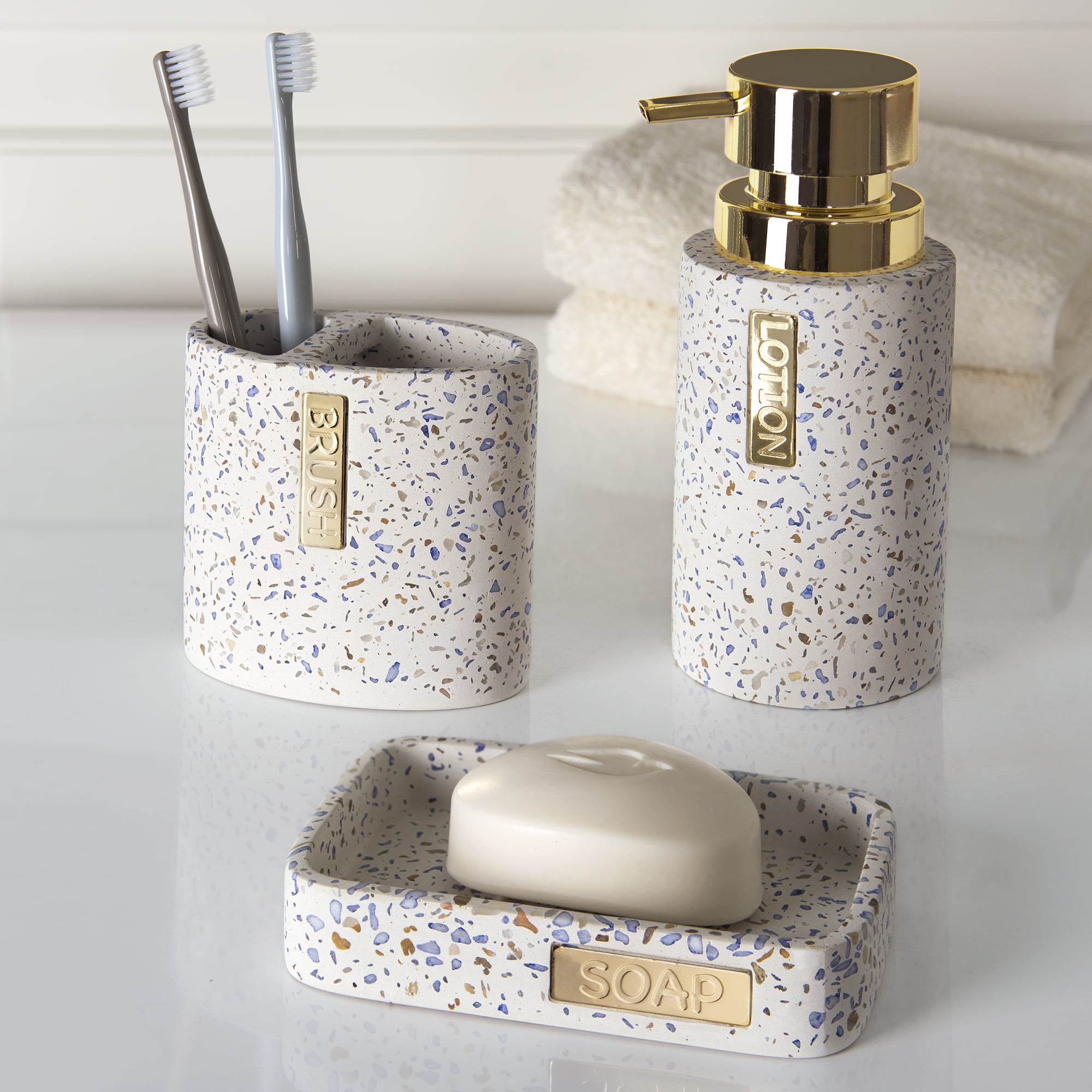 Mainstays 3 Piece Terrazzo with Gold Plate Cement Bath Accessory Set