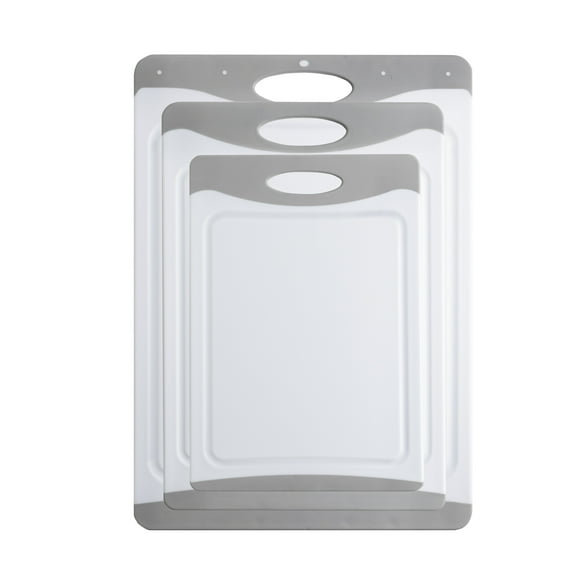 Mainstays 3-Piece Non-Slip Poly Cutting Boards, 50% Recycled PP, 16.9"x 11.8", 13.7" x 9.5", 11.4" x 7.9", White&Silver Color