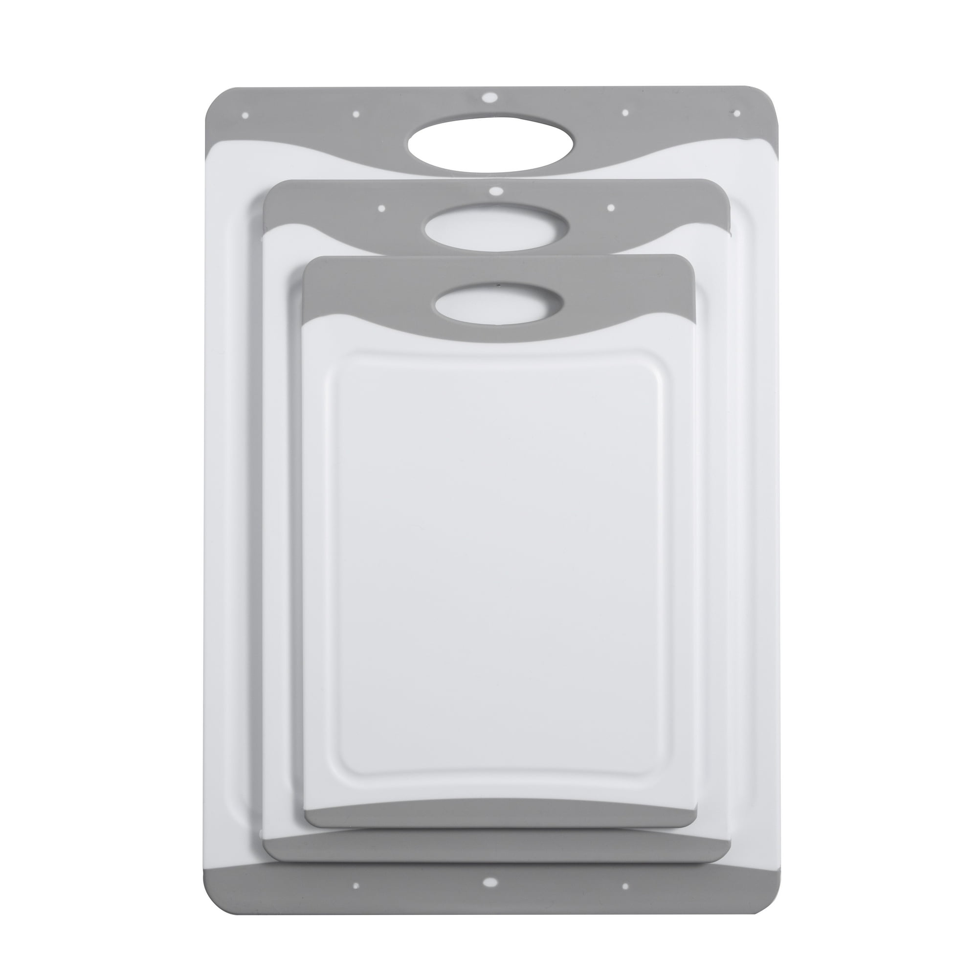 Mainstays 3-Piece Non-Slip Poly Cutting Boards, 50% Recycled PP, 16.9"x 11.8", 13.7" x 9.5", 11.4" x 7.9", White&Silver Color