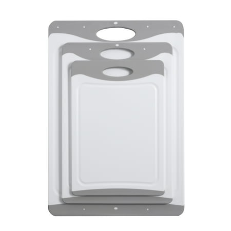 Mainstays 3-Piece Non-Slip Poly Cutting Boards, 50% Recycled PP, 16.9"x 11.8", 13.7" x 9.5", 11.4" x 7.9", White&Silver Color