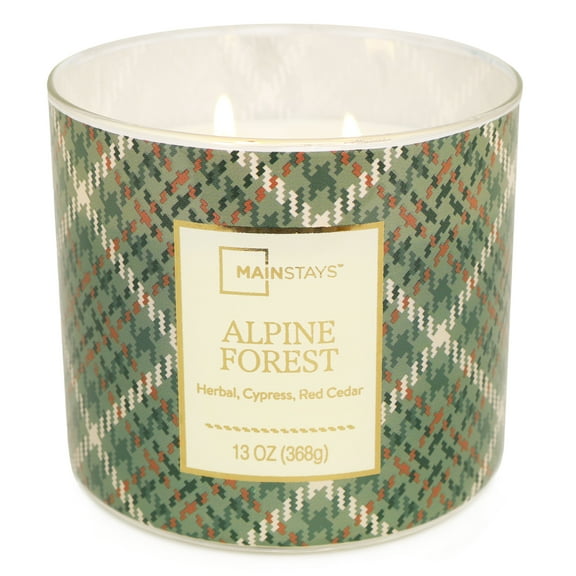 Mainstays 3-Wick Alpine Forest Candle With a Green Plaid Design, 13-Ounce