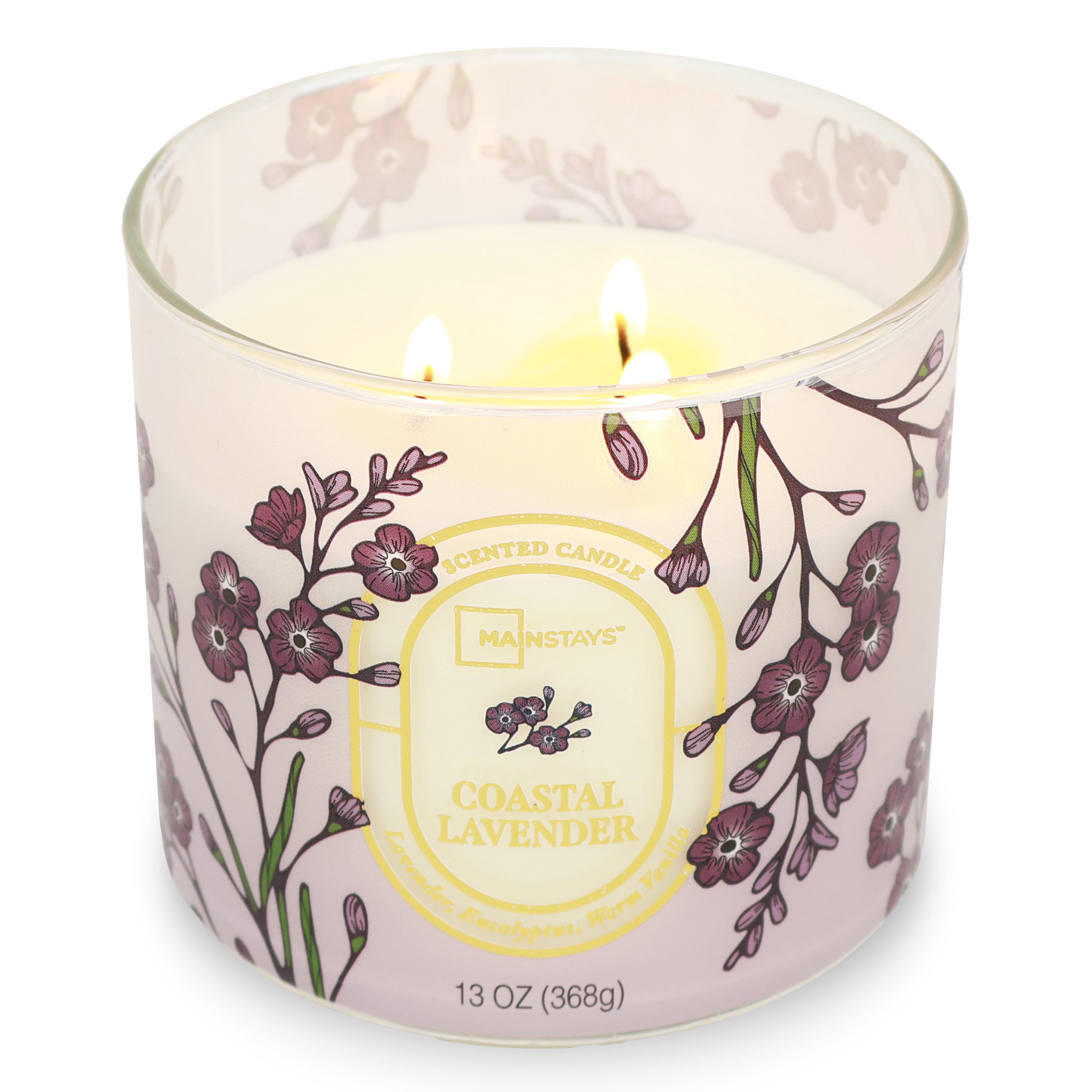Mainstays 3-Wick Floral Scene Scented Jar Candle, Costal Lavendar, 13oz