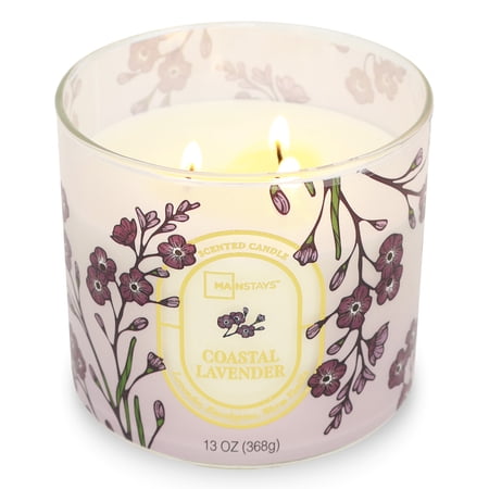 Mainstays 3-Wick Floral Scene Scented Jar Candle, Costal Lavendar, 13oz