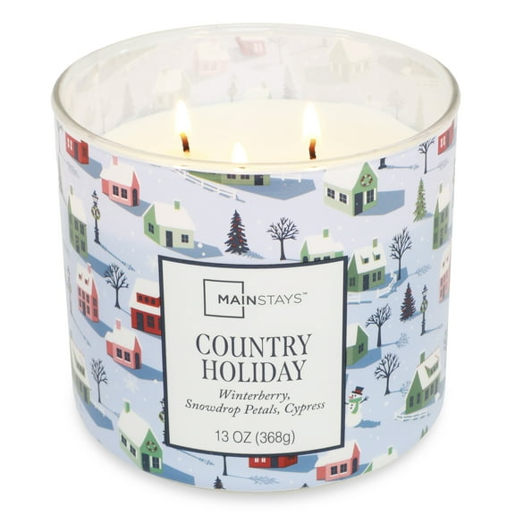 Mainstays 3-Wick Country Holiday Scented Candle with a Village Toss Scene Wrap, 13-Ounce