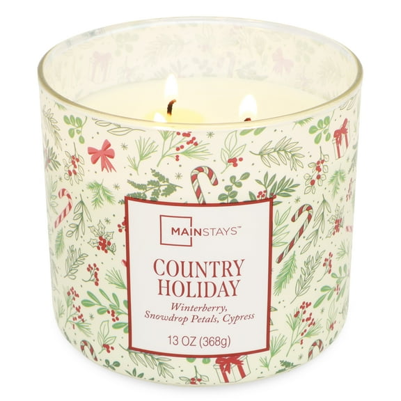 Mainstays 3-Wick Country Holiday Scented Candle with a White Garland Toss Scene Wrap, 13-Ounce
