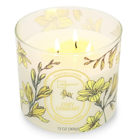 Mainstays Cozy Comfort Floral Scene 3-Wick Scented Candle Jar, 13oz