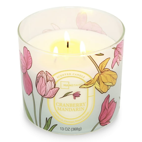 Mainstays 3-Wick Floral Scene Scented Jar Candle, Cranberry Mandarin, 13oz