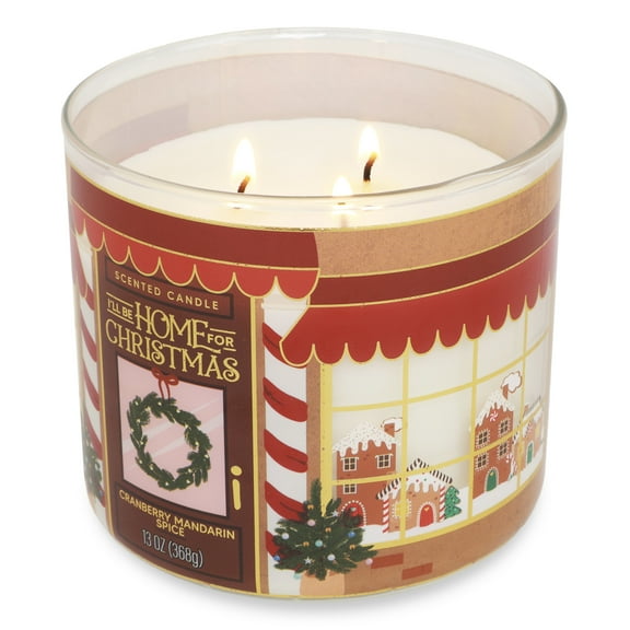 Mainstays 3-Wick Cranberry Mandarin Spice Scented Candle with a Candy Cane Scene Wrap, 13-Ounce
