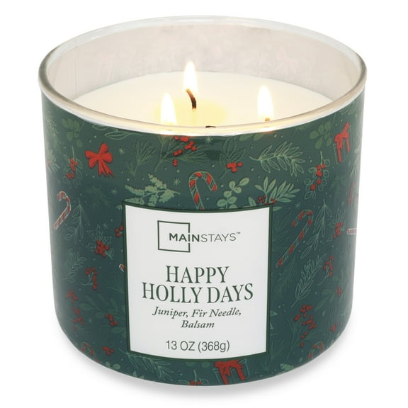 Mainstays 3-Wick Happy Holly Days Scented Candle with a Green Garland Toss Scene Wrap, 13-Ounce