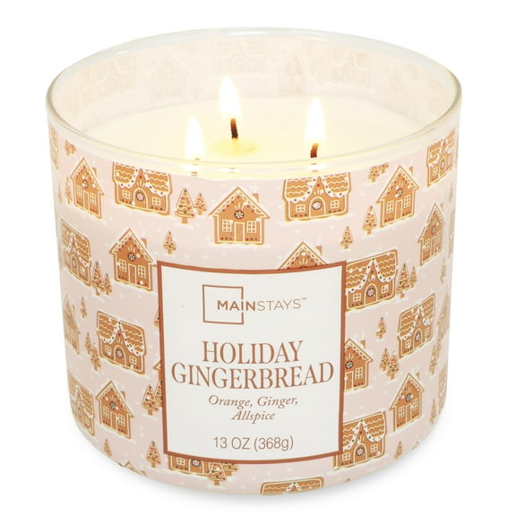 Mainstays 3-Wick Holiday Gingerbread Scented Candle with a Gingerbread House Scene Wrap, 13-Ounce