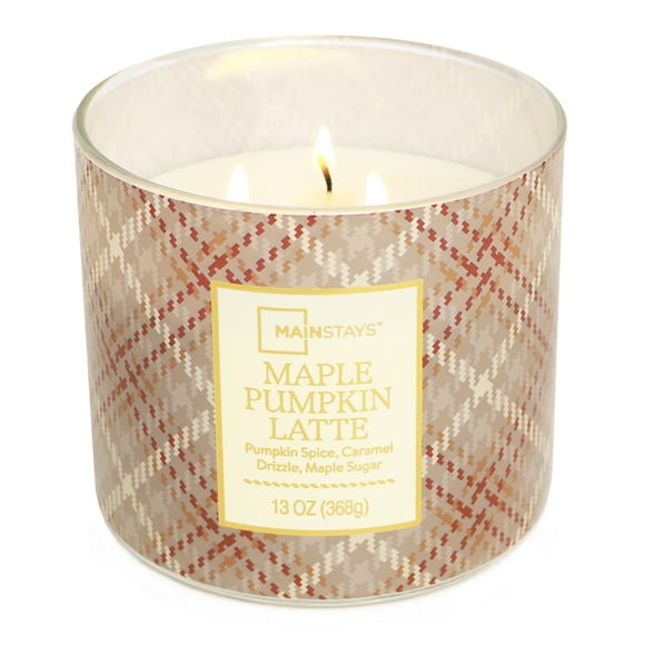 Mainstays 3-Wick Maple Pumpkin Latte Orange Plaid Design, 13-Ounce