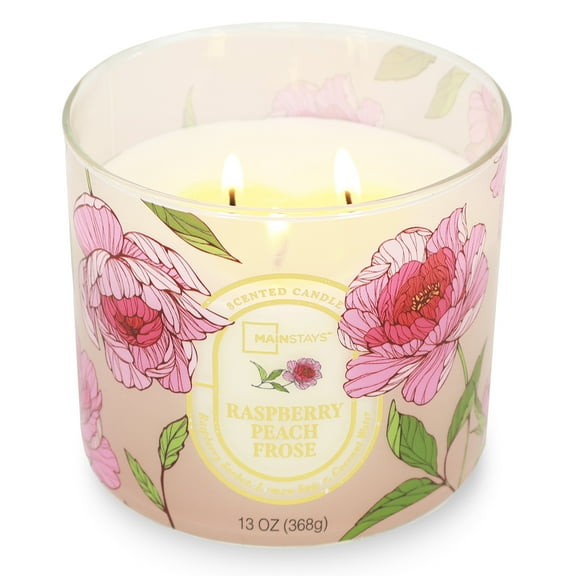Mainstays 3-Wick Floral Scene Scented Jar Candle, Raspberry Peach Frose, 13oz