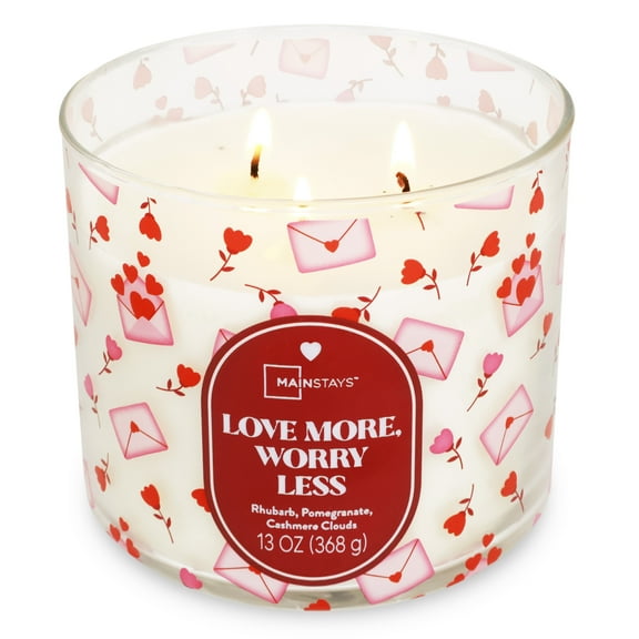 Mainstays 3-Wick Valentine's Themed Candle Love More Worry Less Wrap, Rhubarb, Pomegranate and Cashmere Clouds, 13-Ounce