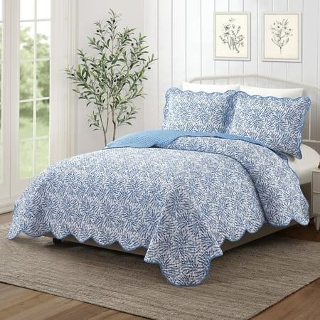 Mainstays Blue Fern 3-Piece Quilt Set, King