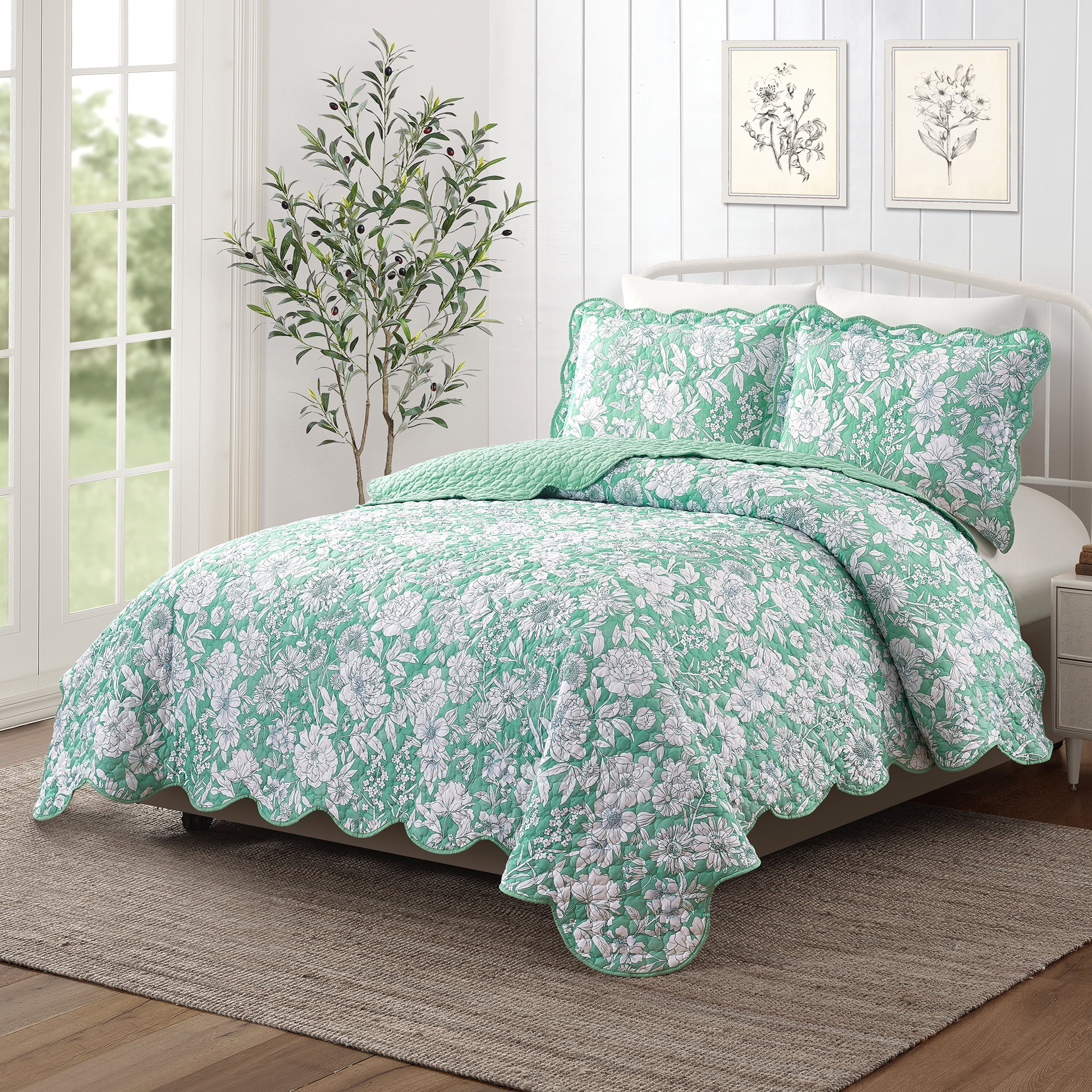 Mainstays Green Floral 3-Piece Quilt Set, Full/Queen