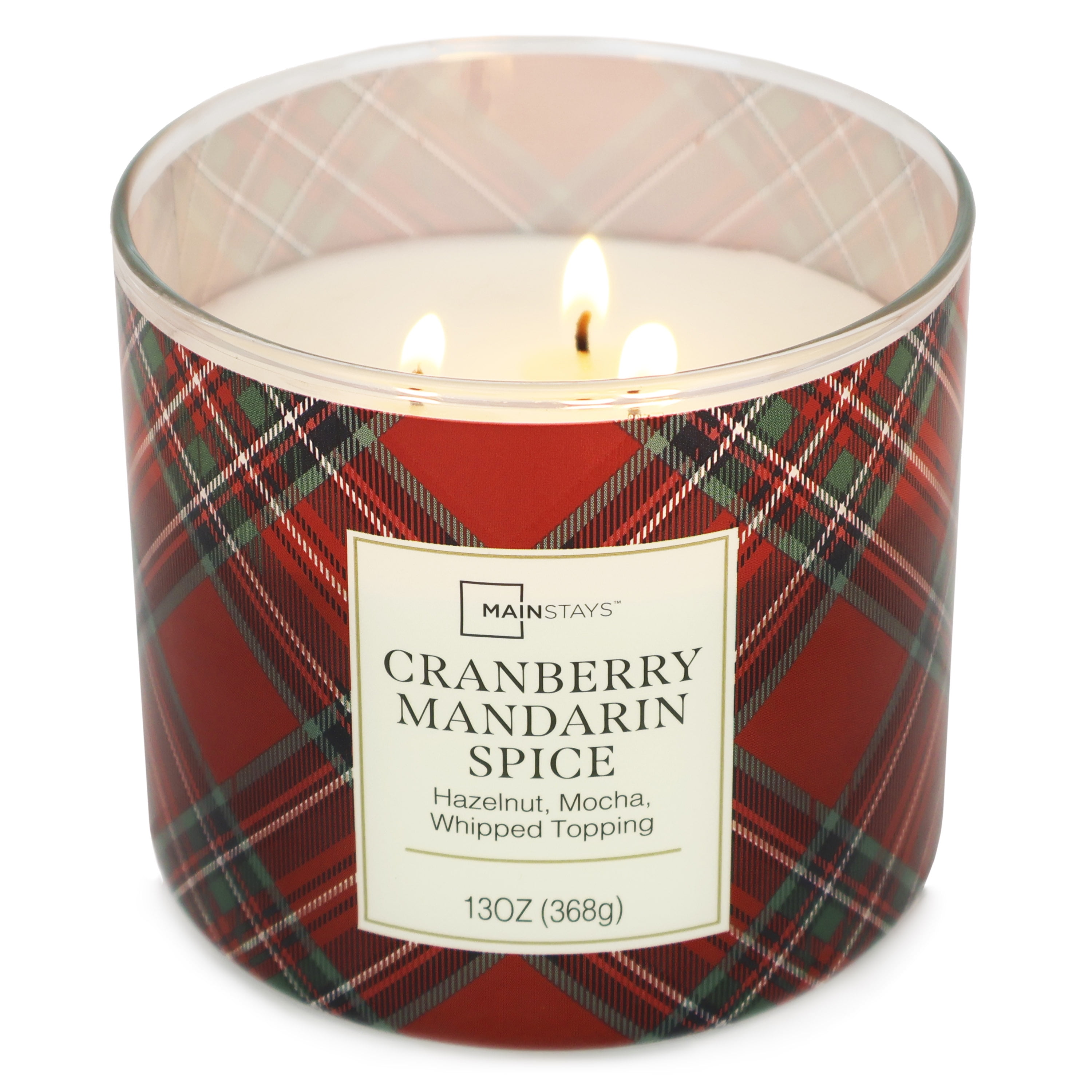Mainstays Cranberry Mandarin Spice Plaid 3-Wick Jar Candle, 13 Ounce