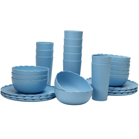 Mainstays 30-Piece Plastic Scalloped Dinnerware Bundle Set, Blue