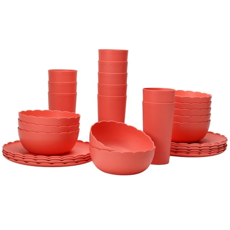 Mainstays 30-Piece Plastic Scalloped Dinnerware Bundle Set, Coral