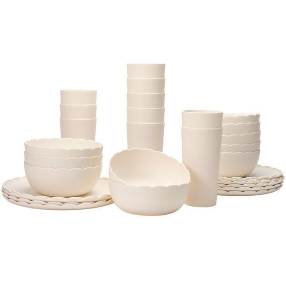 Mainstays 30-Piece Plastic Scalloped Dinnerware Bundle Set, Cream