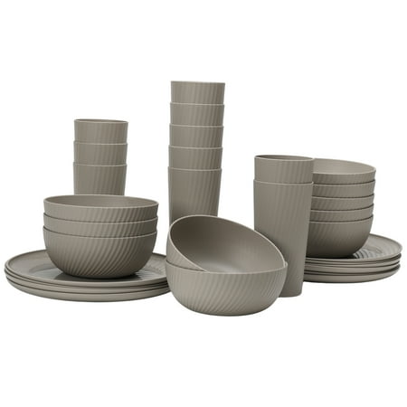 Mainstays 30-Piece Plastic Swirl Pattern Dinnerware Bundle Set, Beige