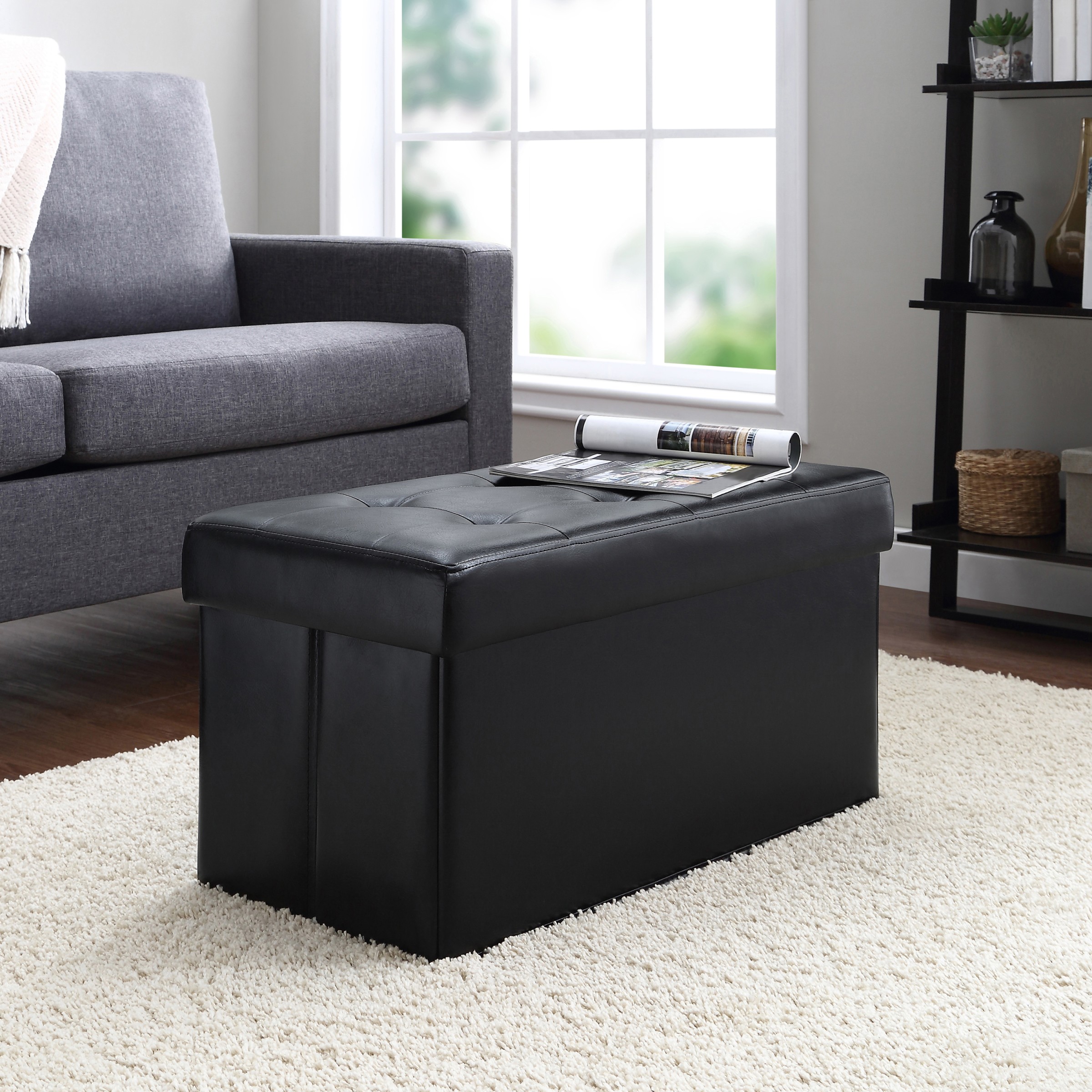 Mainstays 30-inch Collapsible Storage Ottoman, Quilted Black Faux Leather - image 1 of 6