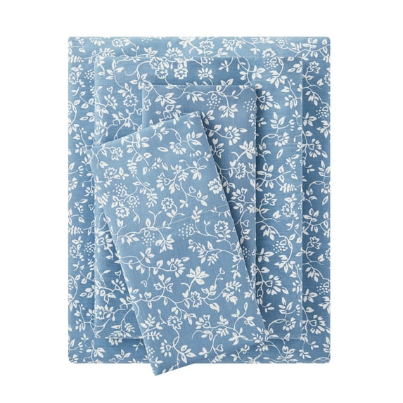 Mainstays 300 Thread Count Easy Care Percale Bed Sheet Set, Full, Blue Floral, 4 Pieces