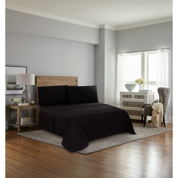 Mainstays 300 Thread Count Easy Care Cotton/Poly Bed Sheet Set, Rich Black, Queen, 4 Piece