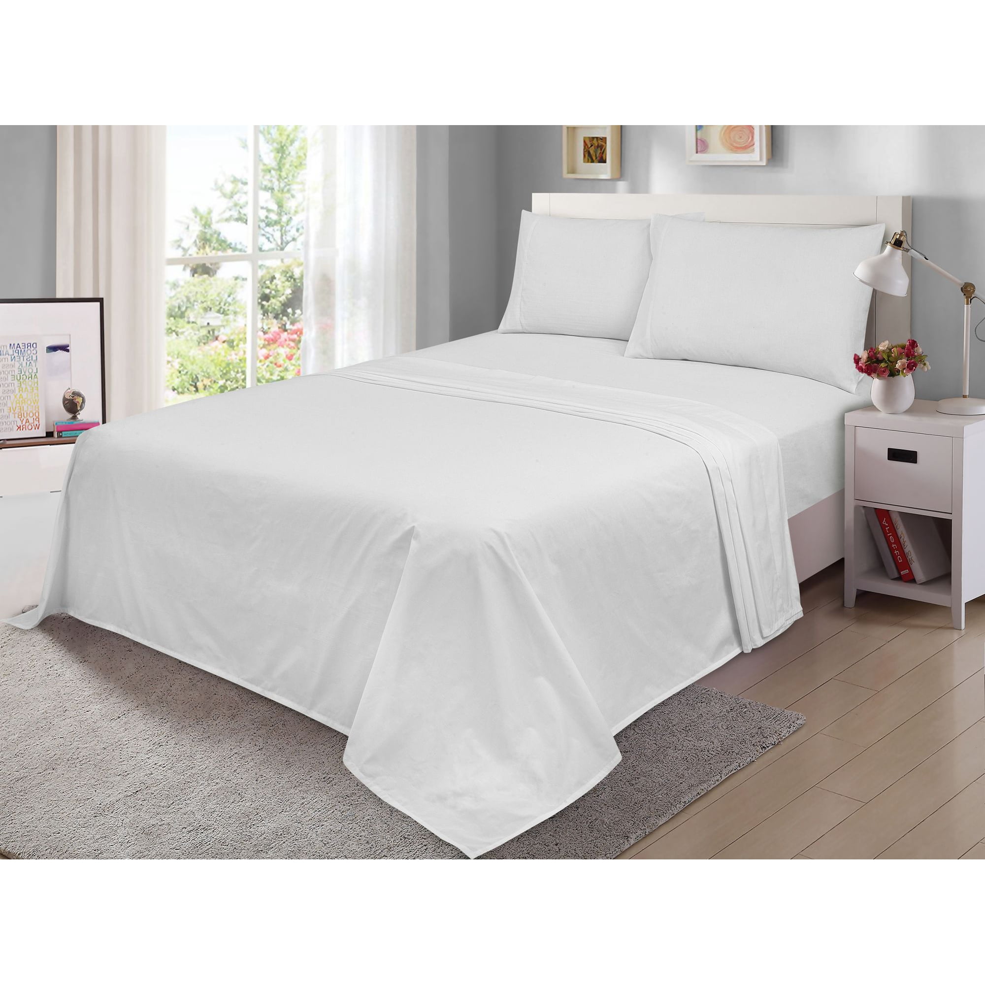 Mainstays 300 Thread Count Easy Care Percale Bed Sheet Set, King, Arctic White, 4 Piece