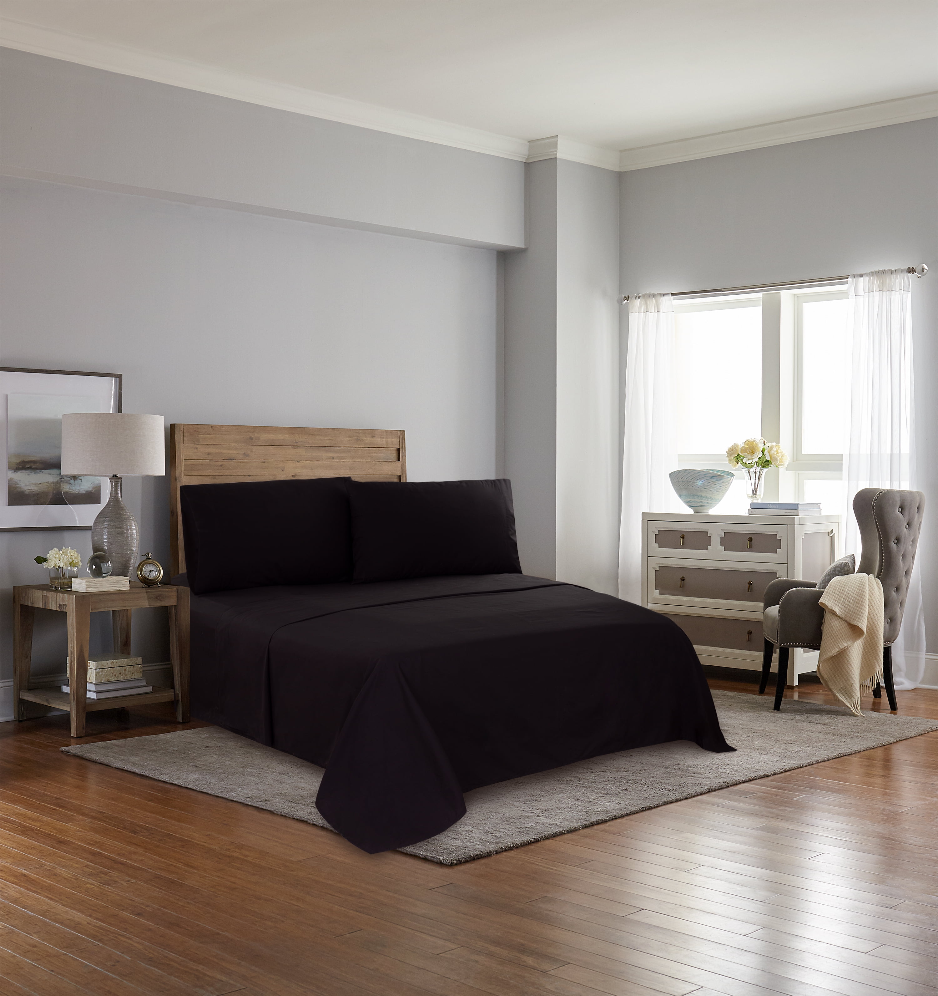 Mainstays 300 Thread Count Easy Care Percale Bed Sheet Set,Twin/Twin XL, Rich Black, 3 Piece