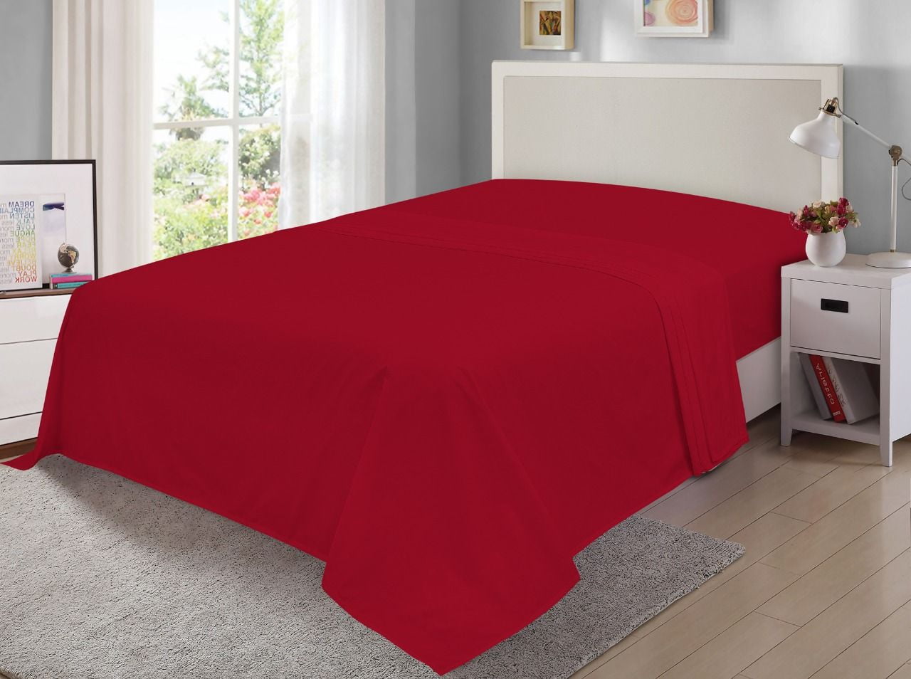 Mainstays 300 Thread Count Easy Care Percale Flat Bed Sheet, Full, Red