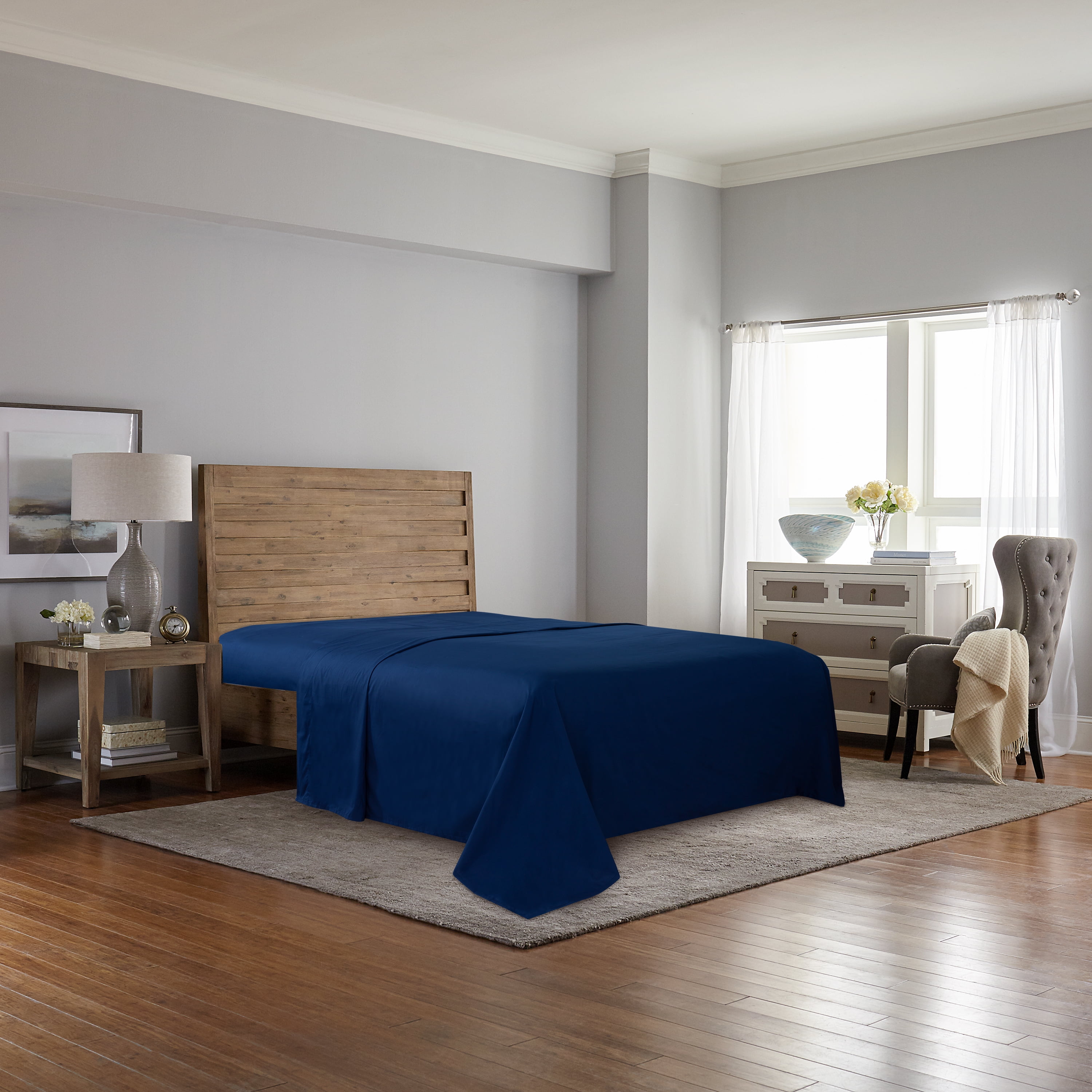 Mainstays Easy Care 300 Thread Count Cotton Rich Percale Blend Flat Sheet, F, Blue, 1pc