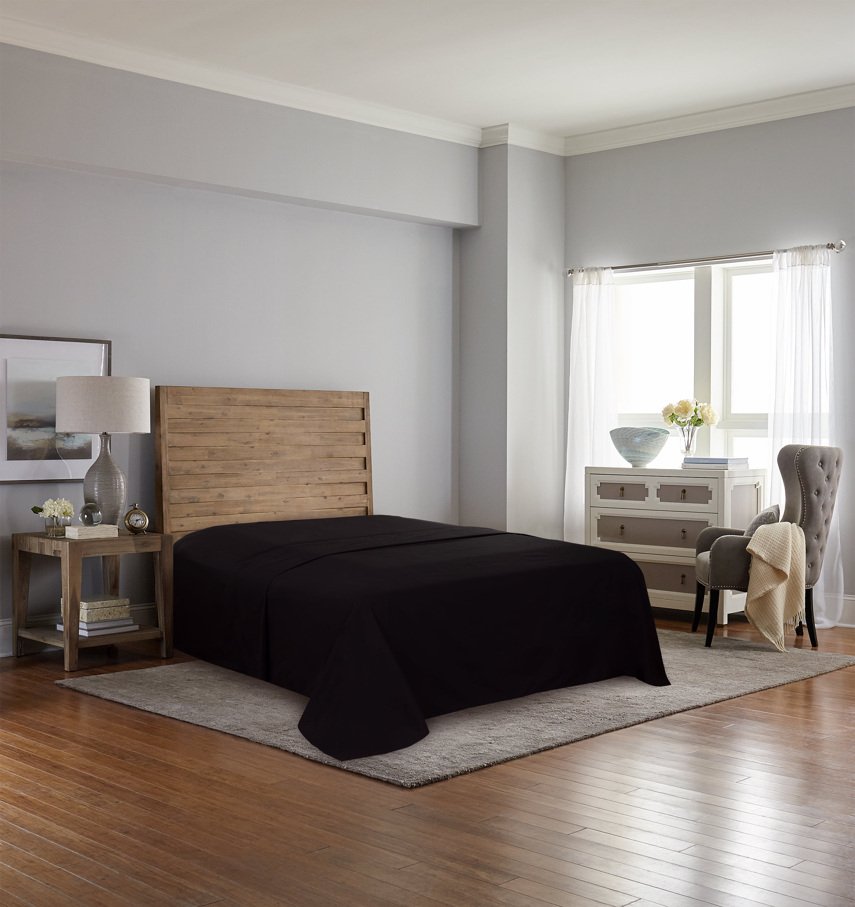 Mainstays 300TC Cotton Rich Percale Easy Care Adult/Teen Flat Sheet, Rich Black, Twin/Twin XL