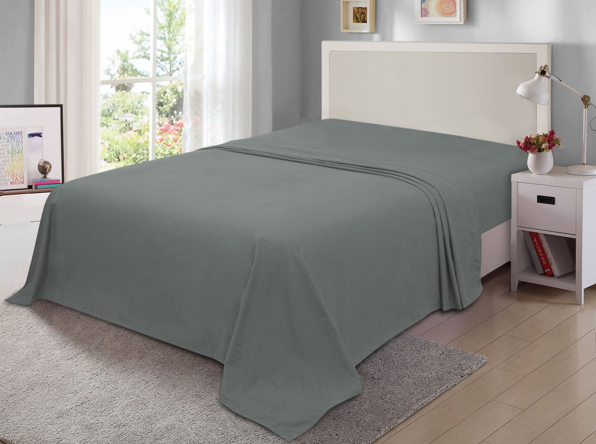 Mainstays 300TC Cotton Rich Percale Easy Care Bed Sheet,Grey King Flat