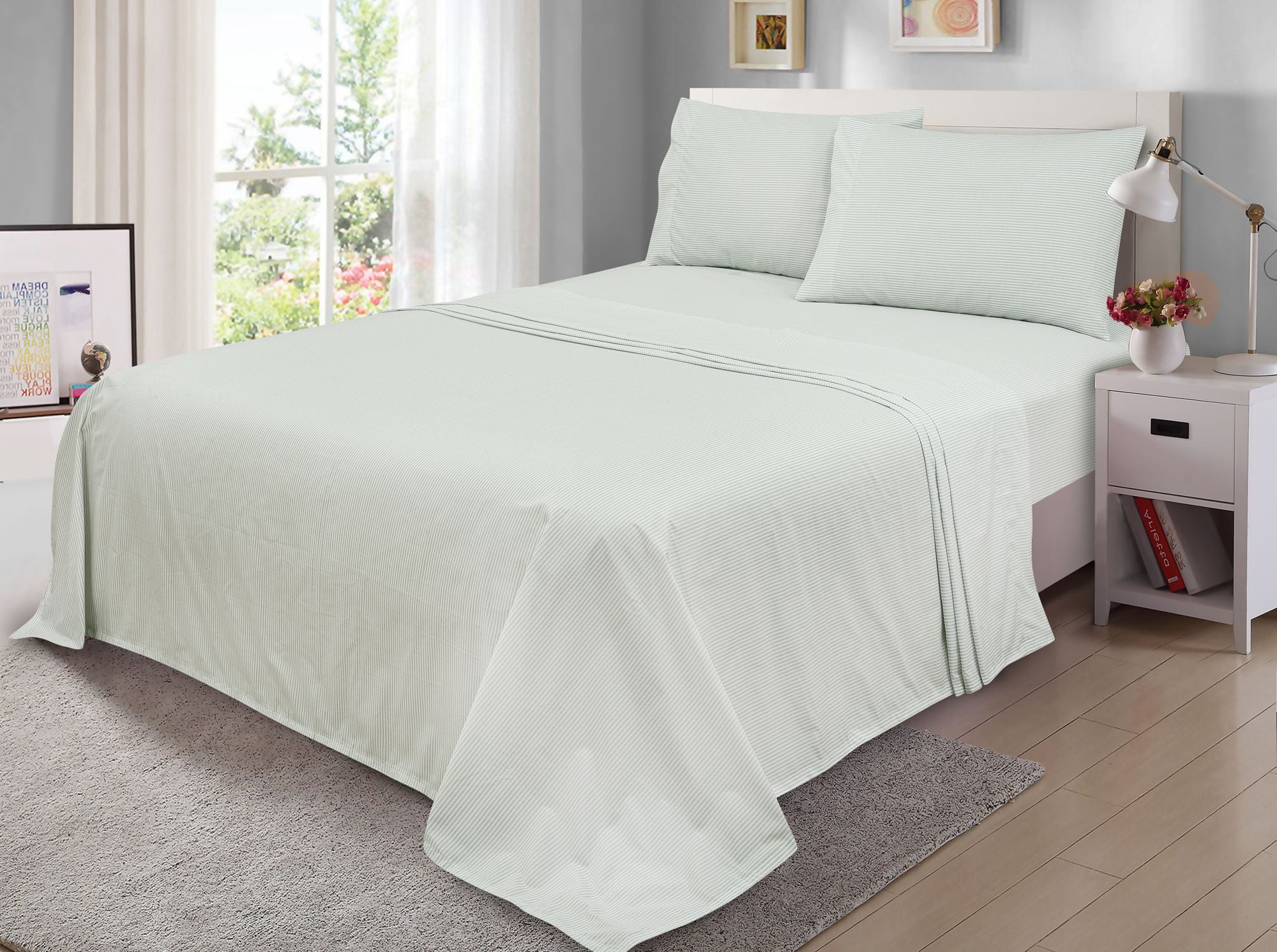 Mainstays 300TC Cotton Rich Percale Easy Care Bed Sheet Set, Full, Grey Stripes