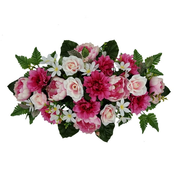 Mainstays 30in Outdoor Artificial Floral Headstone Saddle, Peony in Pink.