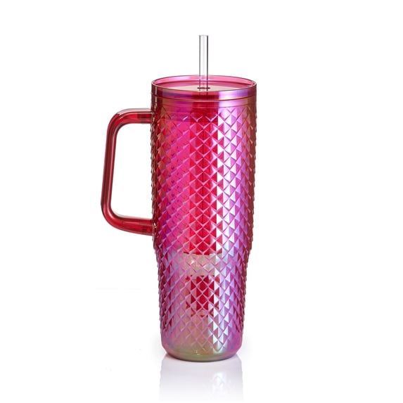 Mainstays 30oz Textured Tumbler with Straw and Handle, Diamond Iridescent Pink, 30oz, Plastic Double Wall Insulated