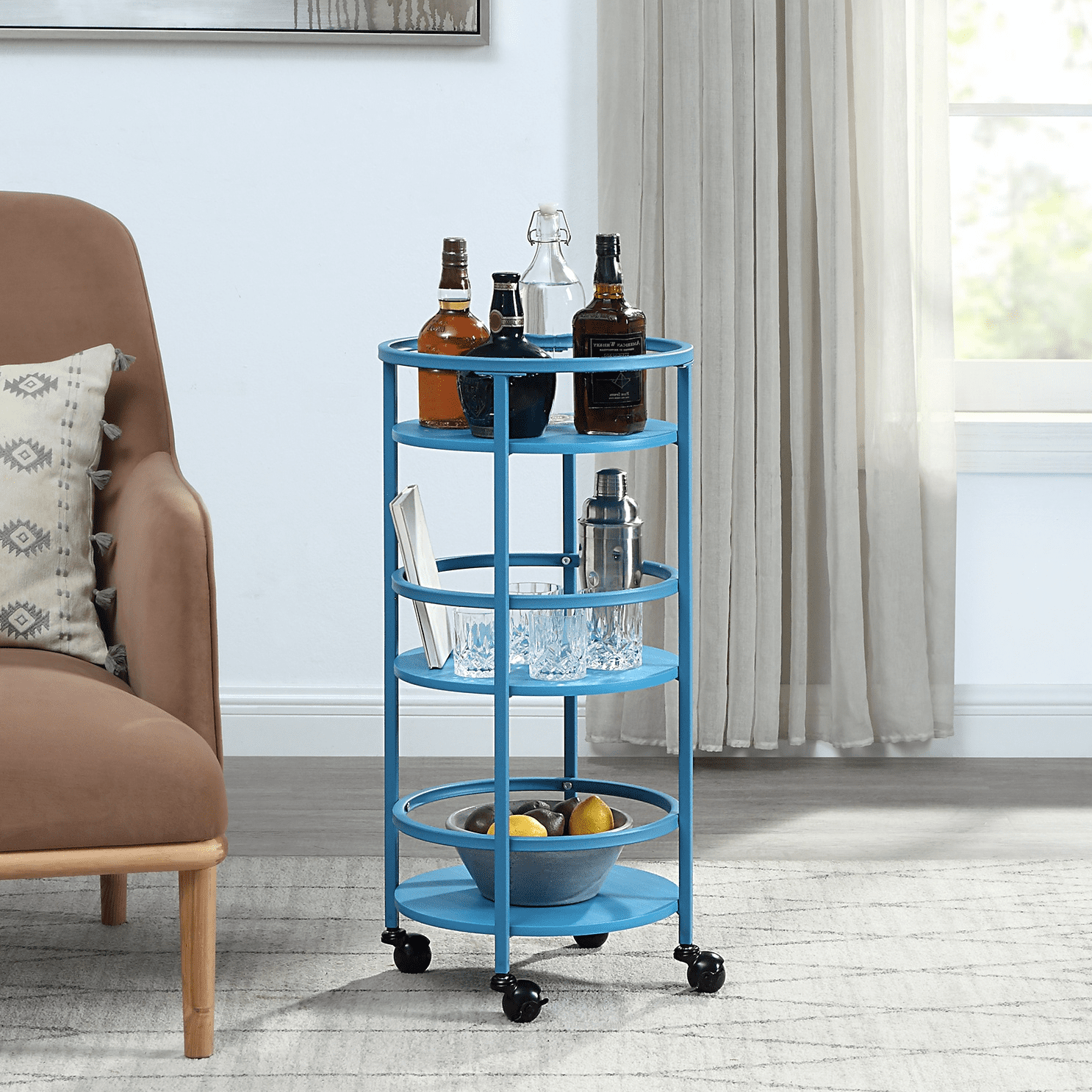 Mainstays 32" 3-Tier Rolling Round Kitchen Bar Storage Cart, Blue