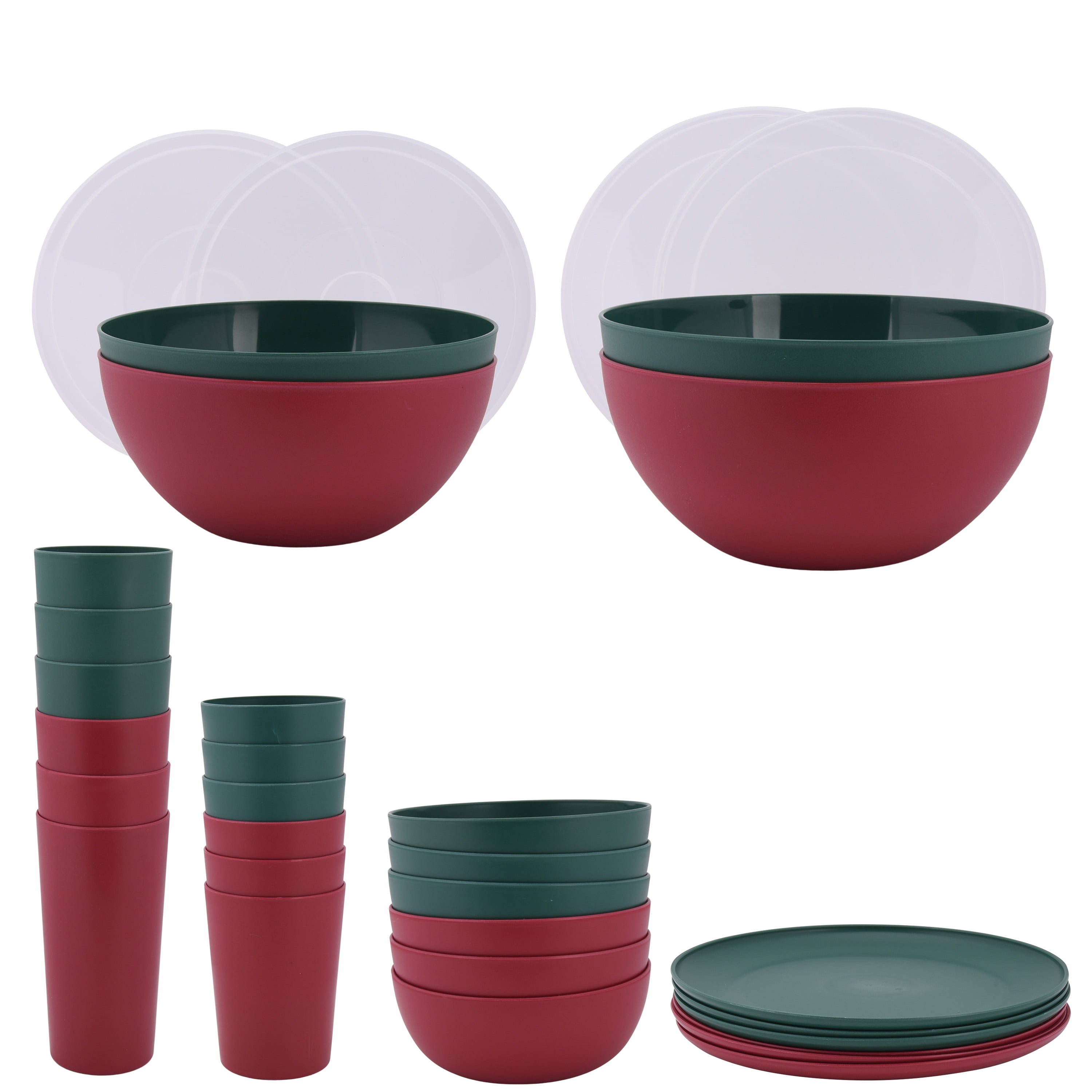 Mainstays Plastic Serving Bowls with Lids Round, Set Of 4, Dark Red &  Green, NEW