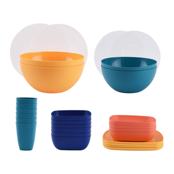 Mainstays 32-Piece Plastic Square Dinnerware Set, Assorted Colors