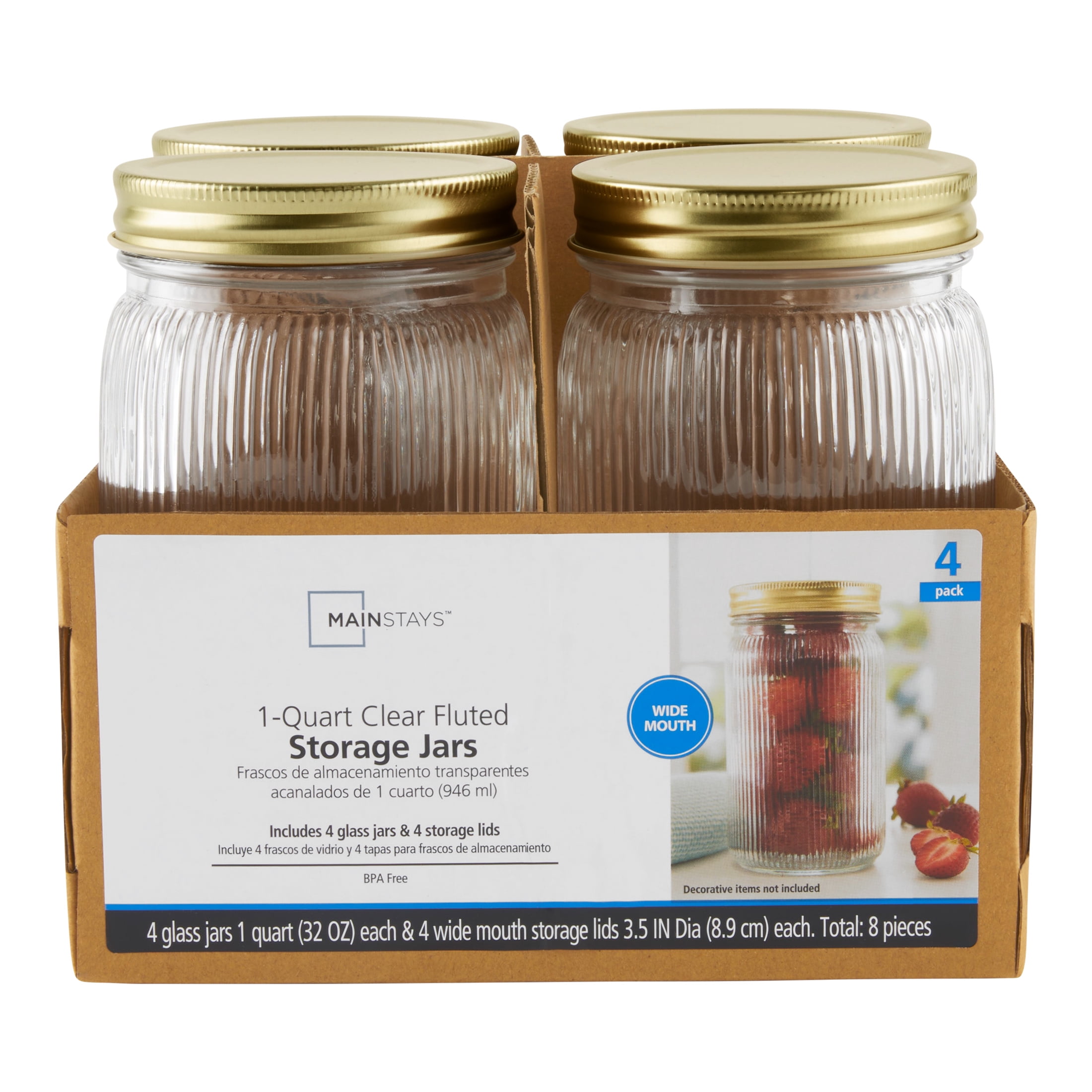 Mainstays 32 oz Airtight Clear Fluted Glass Wide Mouth Storage Jars (4 Count)